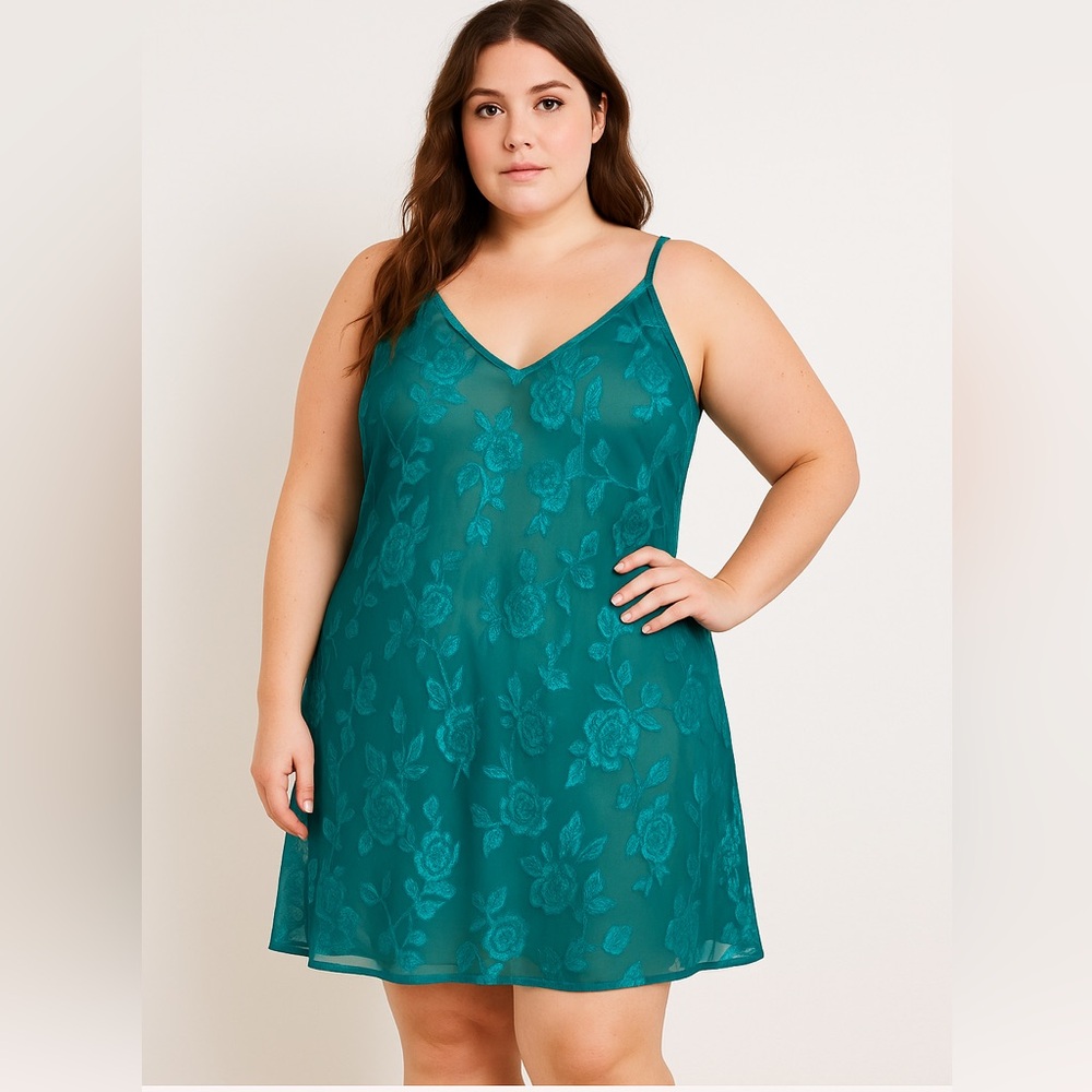 VTG California Dynasty Teal Floral Embossed Slip Dress Sheer Fairygrunge Size XL